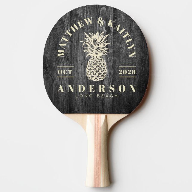 Dark Weathered Wood Tropical Pineapple Wedding Ping Pong Paddle (Back)