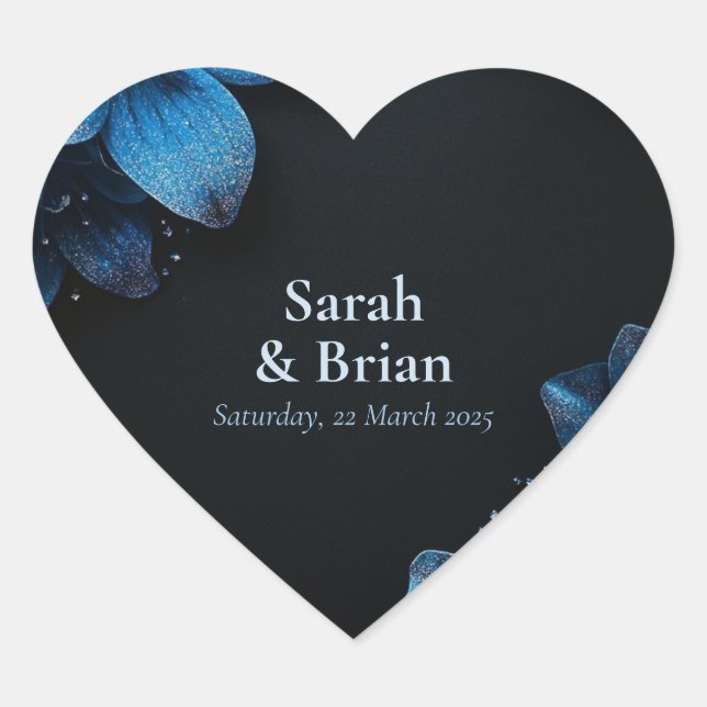 Dark wedding gift sticker glitter blue flowers (Front)