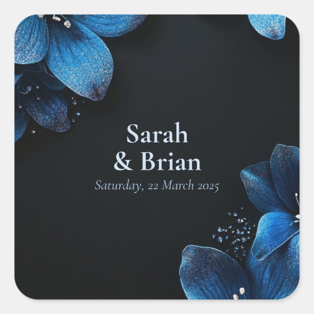 Dark wedding gift sticker glitter blue flowers (Front)