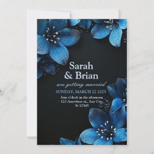 Dark wedding invitation card glitter blue flowers