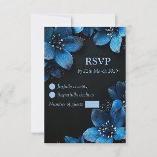 Dark wedding RSVP card glitter blue flowers