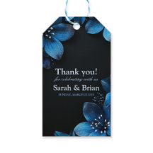 Dark wedding thank you card glitter blue flowers