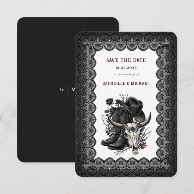 Dark Western Cowboy Gothic Lace Save The Date (Front/Back)