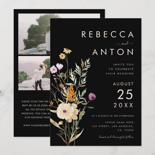 Dark Wildflower 3 Photo Collage QR Code Wedding   Invitation (Front/Back)