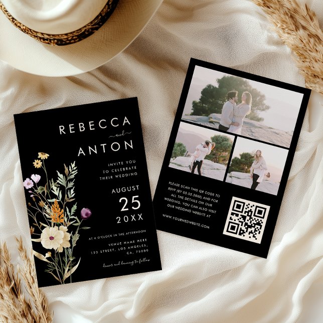 Dark Wildflower 3 Photo Collage QR Code Wedding   Invitation (Creator Uploaded)