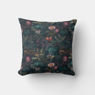 Dark Wildflower Garden Pink and Green Cushion