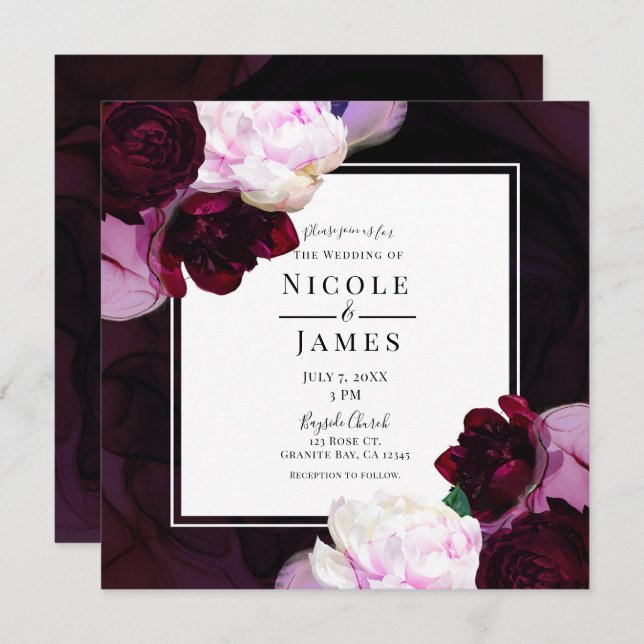 Dark Wine Moody Floral Modern Elegant Glam Wedding Invitation (Front/Back)