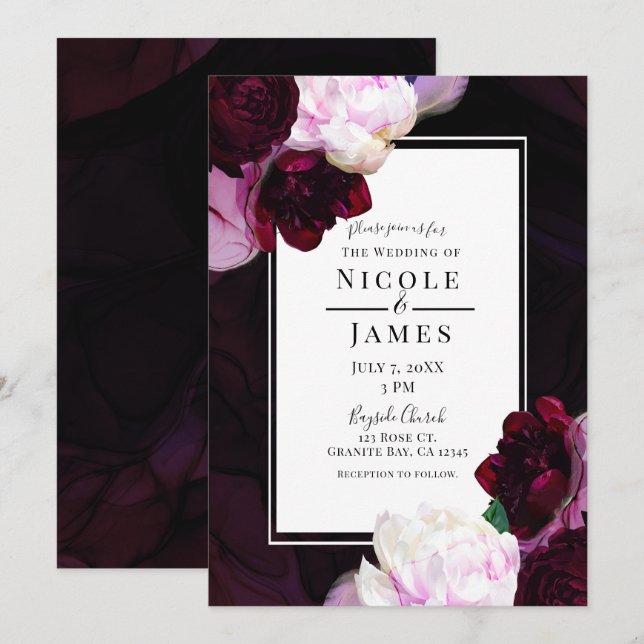 Dark Wine Moody Floral Modern Elegant Glam Wedding Invitation (Front/Back)