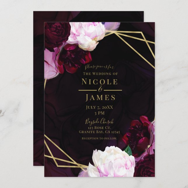 Dark Wine Moody Floral Modern Gold Glam Wedding Invitation (Front/Back)