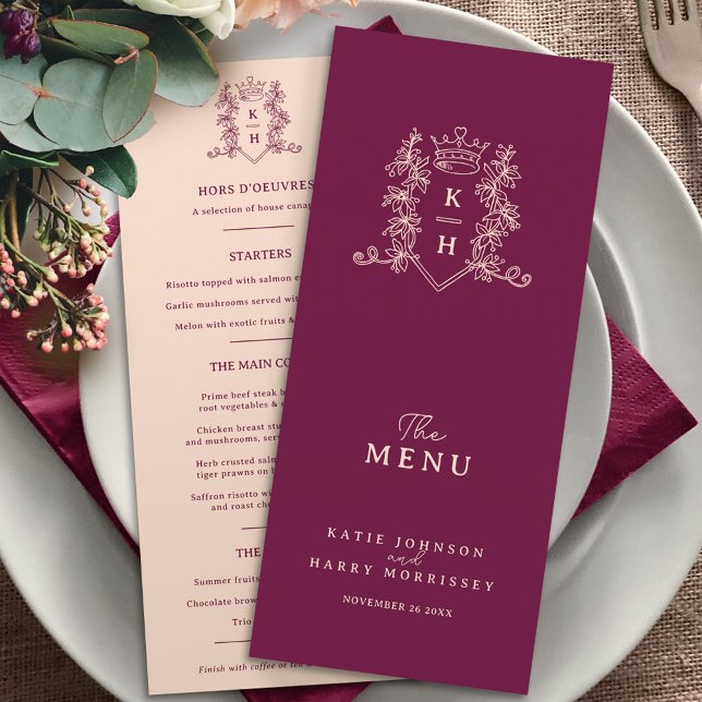 Dark wine red and peach crown monogram wedding menu (Creator Uploaded)
