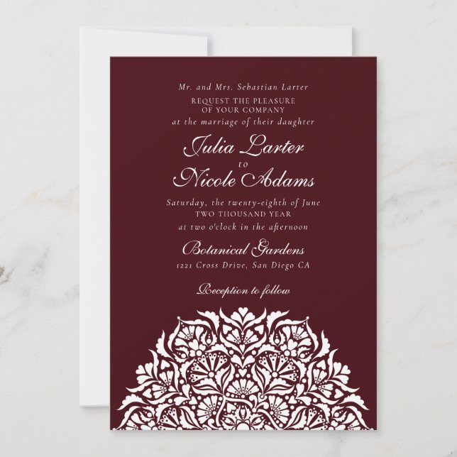 Dark Wine Red Brown Whimsical Floral Style Wedding Invitation (Front)