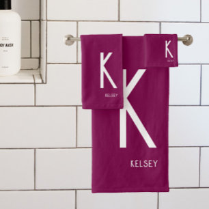 Dark Wine Red Monogram Name Bath Towel Set