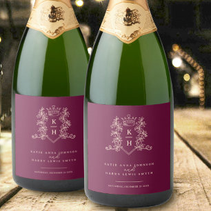Dark wine red photo crown monogram wedding sparkling wine label