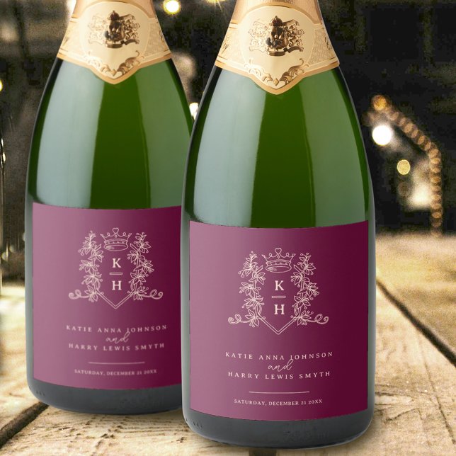 Dark wine red photo crown monogram wedding sparkling wine label (Creator Uploaded)