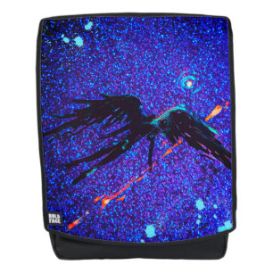 Dark winged figure flying across the space backpack