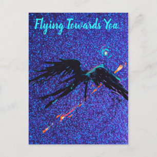 Dark winged figure flying across the space postcard