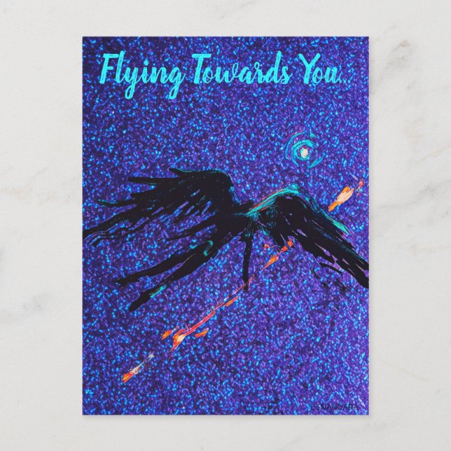 Dark winged figure flying across the space postcard (Front)