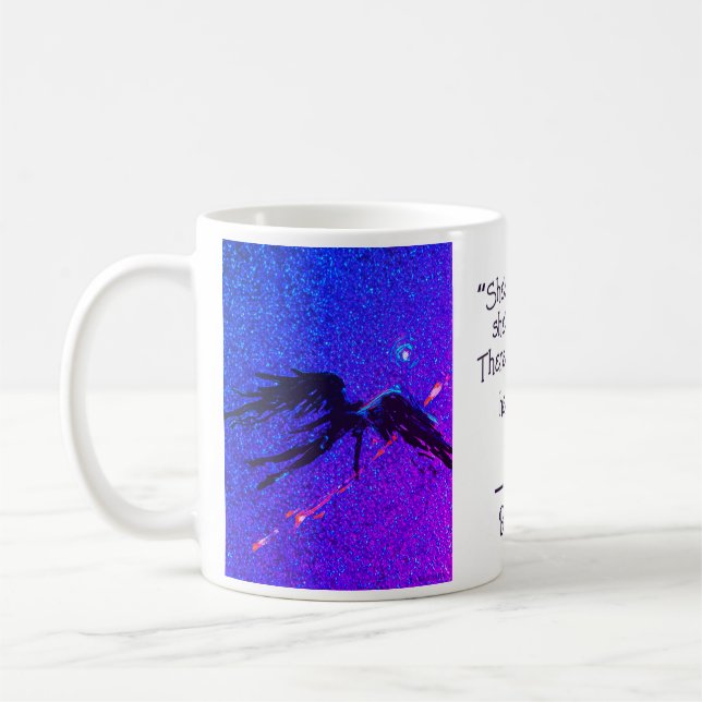 Dark winged figure flying across the space & quote coffee mug (Left)