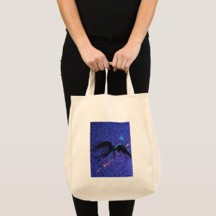 Dark winged figure flying across the space tote bag