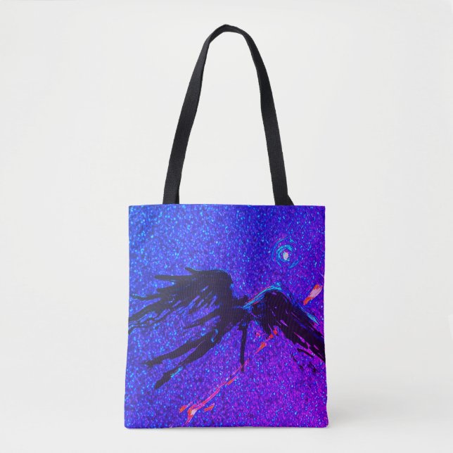 Dark winged figure flying across the space tote bag (Front)