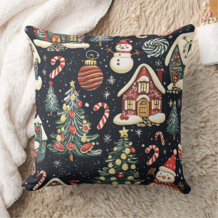 Dark Winter Cottages Red Snowman Candy Christmas Cushion