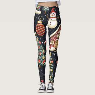 Dark Winter Cottages Red Snowman Candy Christmas Leggings