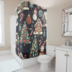 Dark Winter Cottages Red Snowman Candy Christmas Shower Curtain