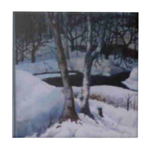 Dark winter day on snow covered Elk River Ceramic Tile