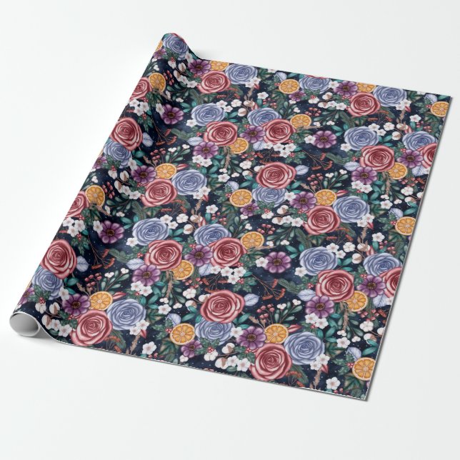 Dark Winter Flowers Yule Christmas Wrapping Paper (Unrolled)