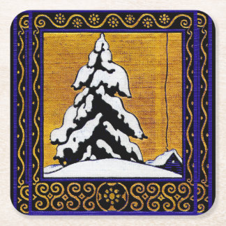 Dark Winter Night Cosy Snowy Everygreen Square Paper Coaster
