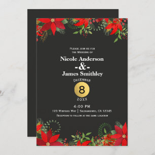 Dark Winter Wedding Poinsettia + Gold Holiday Invitation