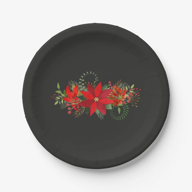 Dark Winter Wedding Red Poinsettia Holiday Party Paper Plate (Front)