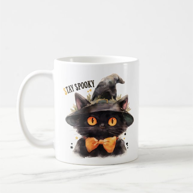 Dark Witch Cat with Bow Tie Halloween Coffee Mug (Left)