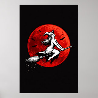 Dark Witch Flying Over Red Moon Poster