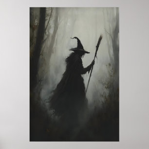 Dark Witch in Misty Woodland Halloween Wall Art