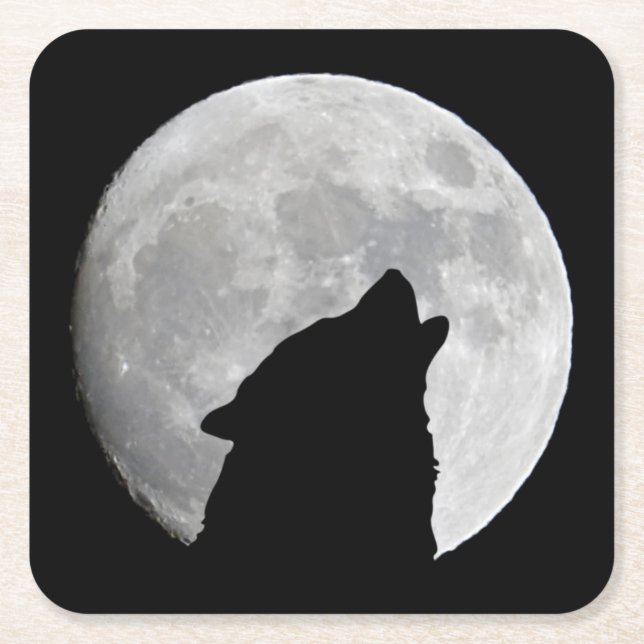 Dark Wolf and a Full Moon at Night Square Paper Coaster (Front)