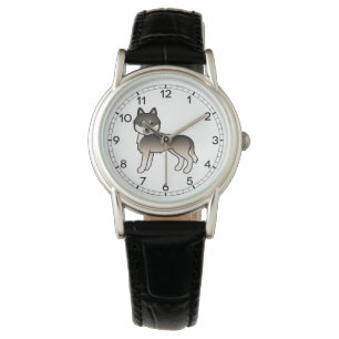 Dark Wolf Grey Siberian Husky Cute Cartoon Dog Watch