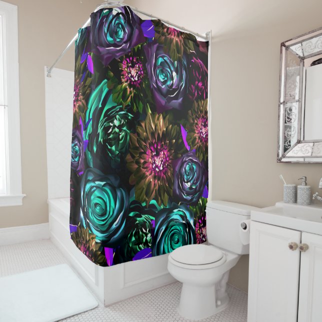Dark Wonderland Bold Glamour Floral Flowers Shower Curtain (In Situ)