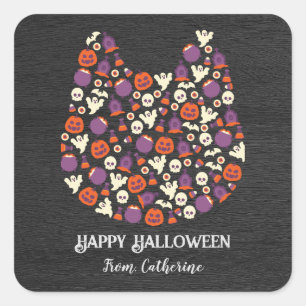dark wood cute dog cat Halloween party invitations Square Sticker