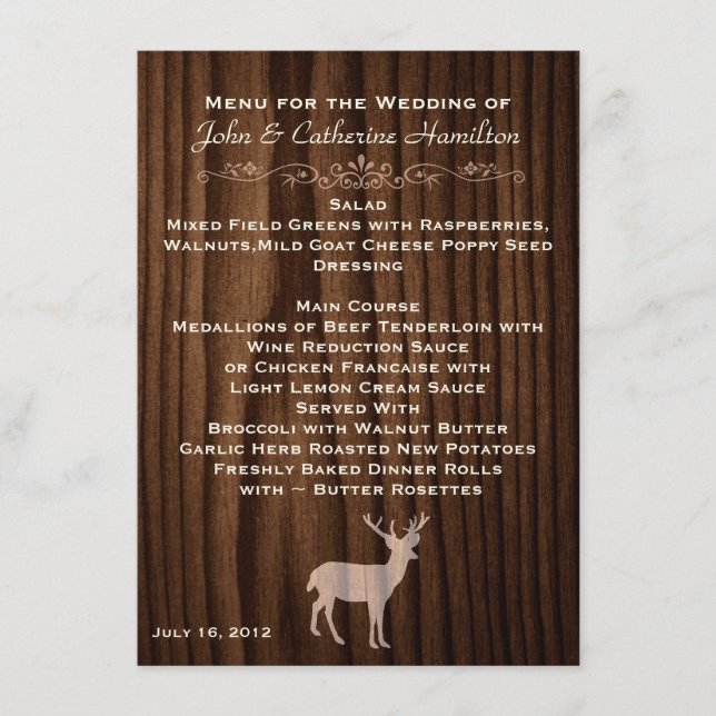 Dark Wood Deer Country Wedding Table Menu (Front)