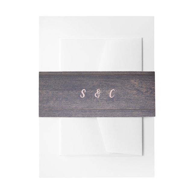 Dark wood grain monogram rustic wedding invitation belly band (Front Example)