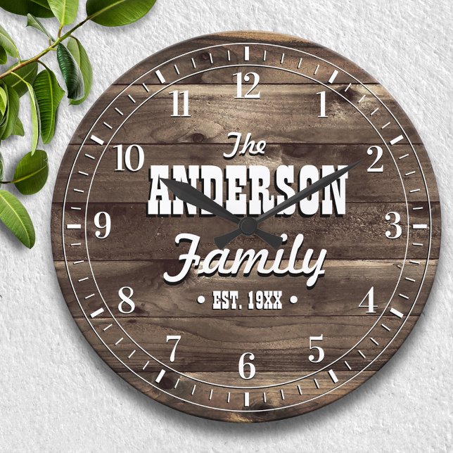 Dark Wood Grain Personalized Family Name Large Clock (Creator Uploaded)