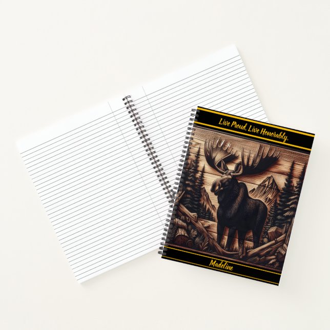 Dark wood moose relief art with nature notebook (Inside)