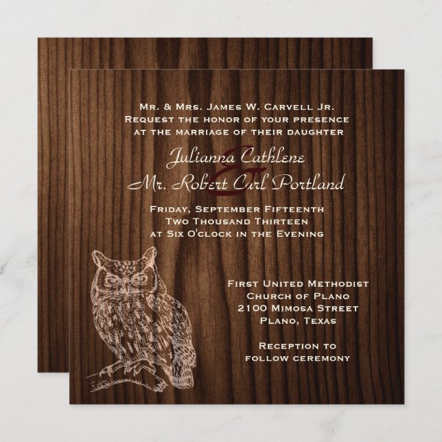 Dark Wood Owl Wild Life Wedding Invitation (Front/Back)