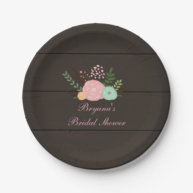 Dark Wood & Rustic Floral Chic Paper Plates (Front)