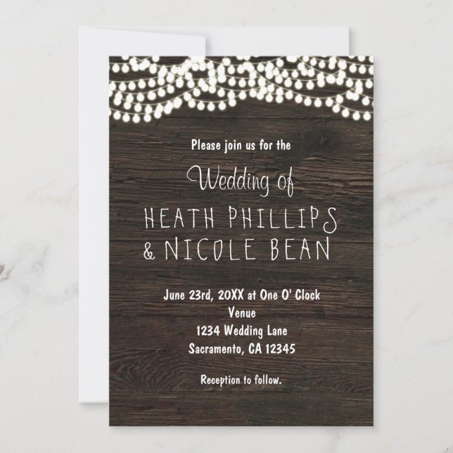 Dark Wood Rustic String Lights Wedding Invitations (Front)