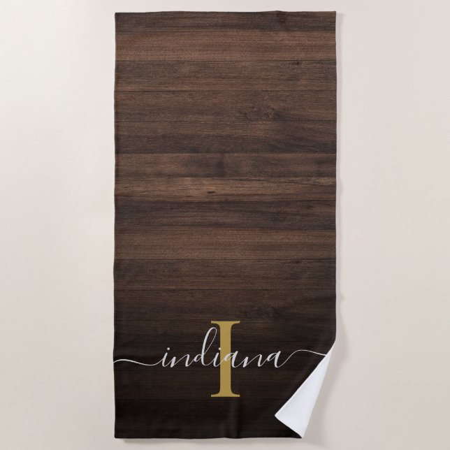 Dark Wood Rustic Wood Monogram Script Name Initial Beach Towel (Front)