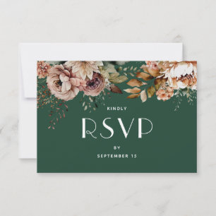Dark Woodland Green Floral Wedding   Botanical RSVP Card