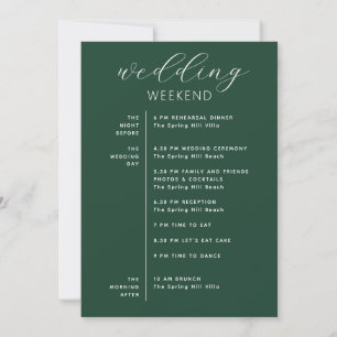 Dark Woodland Green Wedding Weekend Schedule Invitation
