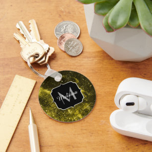Dark yellow black abstract galaxy Monogram Ping Po Key Ring